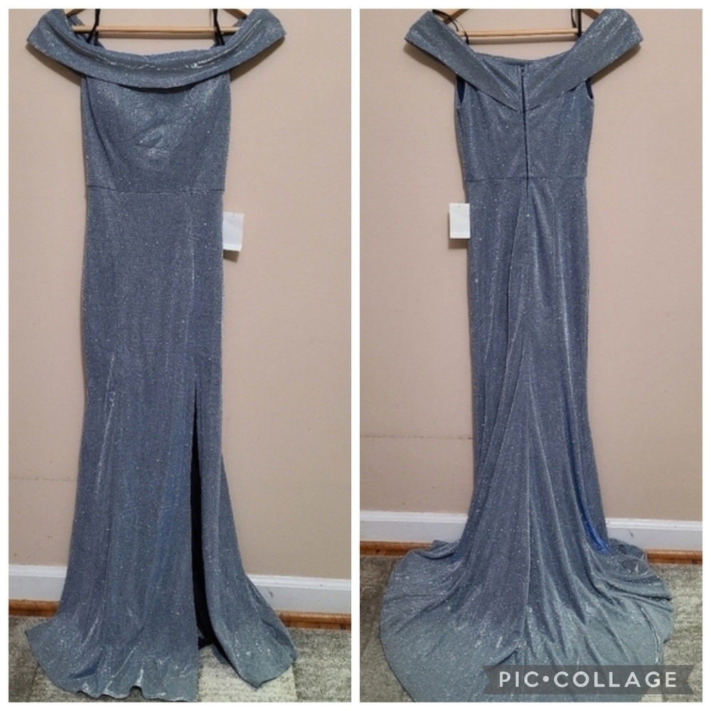 NWT B. Smart Goddiva Off Shoulder Winter Blue Slit Maxi Dress